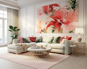 The inviting den is full of comfortable furniture, intricate design elements, and vibrant houseplants, creating a cozy atmosphere with a striking focal point on the wall - a large painting with beaut