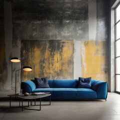 A vibrant blue couch sits in the middle of a cozy room, surrounded by a simple wooden table, a soft lamp, and bare walls that invite relaxation and comfort