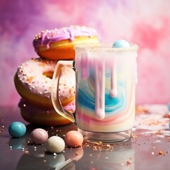 A cool glass mug filled with crystal clear water and topped with a few freshly baked donuts provides a perfect snack for any indoor gathering