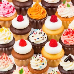 A rainbow of joy and sweetness, these colorful cupcakes topped with creamy frosting and sprinkled with sugar crystals bring the perfect balance of baking artistry and deliciousness