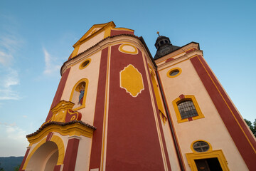 Architecturally well-preserved baroque church. Baroque architecture. Converging lines showing the perspective of space.