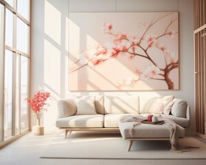 A vibrant living room featuring a grand wall painting, cozy furniture, and cheerful floral accents, all creating a welcoming atmosphere to relax and enjoy