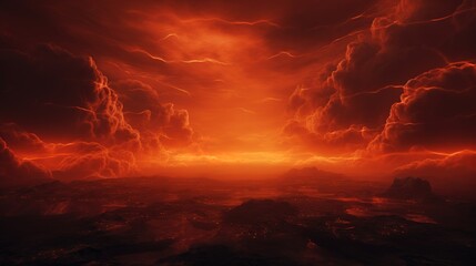 Post-apocalyptic image of an orange sunset over colorful clouds