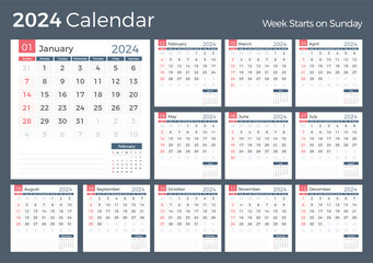 2024 Calendar template, planner, 12 pages, week starts on Sunday, vector eps10 illustration
