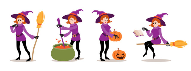 Set of Witches . Halloween cartoon characters . White isolate background . Vector .