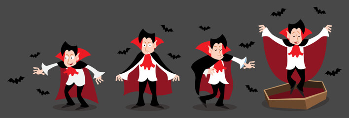 Set of Dracula vampire . Halloween cartoon characters . Gray isolate background . Vector .