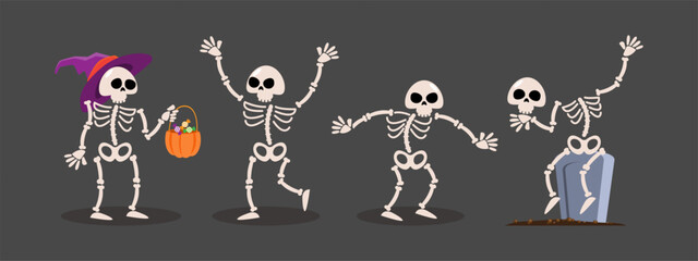 Set of Skeleton ghost . Halloween cartoon characters . Gray isolate background . Vector .