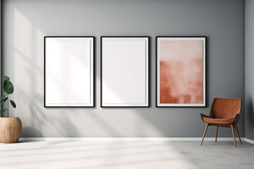 vertical poster empty 3d three canvas interior wall painting wall framing rendering paint frame black Three photo picture frames isolated blank white light hanging lamp c mockup hanging wood triple - obrazy, fototapety, plakaty