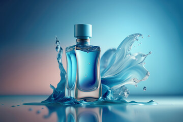 Perfume bottle in water splash. Summer fragrance in perfumery with a nautical theme - obrazy, fototapety, plakaty