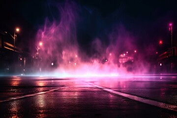 Naklejka premium view background searchlight abstract smog night light night neon smoke street Abstract smoke Wet Dark empty asphalt empty street dark lights reflection scene abstra