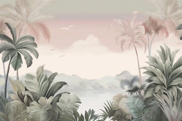 Tropical landscape wallpaper design in pastel tones, soft color, oil painting background, palm and banana trees, mural art, Generative AI
