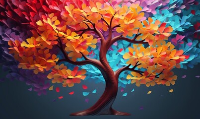 Elegant colorful tree with vibrant leaves hanging branches illustration background. Bright color 3d abstraction wallpaper for interior mural painting wall art decor, Generative AI