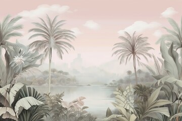 Fototapeta na wymiar Tropical landscape wallpaper design in pastel tones, soft color, oil painting background, palm and banana trees, mural art, Generative AI
