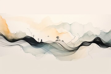 Hand-painted lines, abstract ink landscape decorations, art poster background, Generative AI