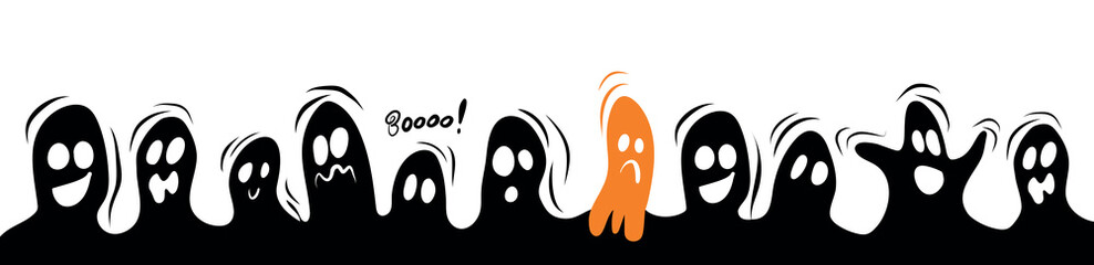 Long banner of ghost characters emoticons. Vector illustration. Halloween banner. Template for banner, poster, flyer, greeting card.