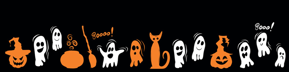 Long banner of Halloween - ghost, pumpkins, cat, bat on black background. Vector illustration. Halloween banner. Template for banner, poster, flyer, greeting card.