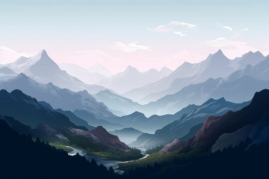 Beautiful mountains landscape. Nature background. illustration for backdrops, banners, prints, posters, murals and wallpaper design, Generative AI