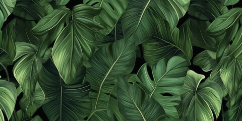 Tropical exotic seamless pattern with tropical green palm, colocasia, banana leaves. Hand drawing botanical vintage background. Suitable for making wallpaper, printing on fabric, Generative AI - obrazy, fototapety, plakaty