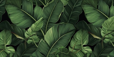 Tropical exotic seamless pattern with tropical green palm, colocasia, banana leaves. Hand drawing botanical vintage background. Suitable for making wallpaper, printing on fabric, Generative AI - obrazy, fototapety, plakaty