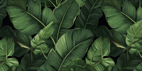 Fotobehang Tropical exotic seamless pattern with tropical green palm, colocasia, banana leaves. Hand drawing botanical vintage background. Suitable for making wallpaper, printing on fabric, Generative AI © Visual Wonders