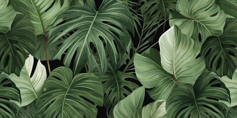 Obrazy na Plexi  Tropical exotic seamless pattern with tropical green palm, colocasia, banana leaves. Hand drawing botanical vintage background. Suitable for making wallpaper, printing on fabric, Generative AI