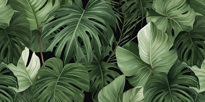 Fototapeta Tropical exotic seamless pattern with tropical green palm, colocasia, banana leaves. Hand drawing botanical vintage background. Suitable for making wallpaper, printing on fabric, Generative AI