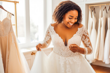 Plus size african woman trying on wedding dress. Happy bride excited smile for wedding, happiness and marriage. Generative AI
