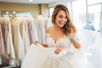 Plus size woman trying on wedding dress. Happy bride excited smile for wedding, happiness and marriage. Generative AI - obrazy, fototapety, plakaty