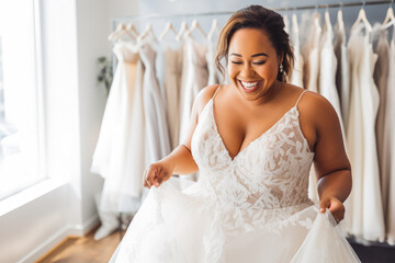 Plus size african woman trying on wedding dress. Happy bride excited smile for wedding, happiness and marriage. Generative AI - obrazy, fototapety, plakaty