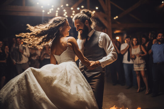 Bride And Groom Dancing At Wedding. Happy Couple Excited Smile For Wedding, Happiness And Marriage. Generative AI