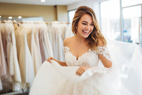 Plus size woman trying on wedding dress. Happy bride excited smile for wedding, happiness and marriage. Generative AI