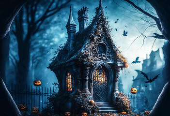 Gothic house. Scary night Halloween landscape. Halloween party. design illustration. Generative AI	