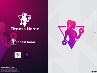 Fittness girl logo design. Female gym logo. Powre. Muscle. Premium gym logo. Finance. Physical exercise. Girl vector. Dumbble. Unique. Pink. Creative