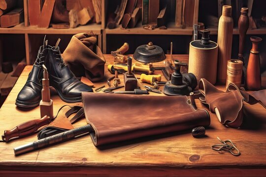 artisan tools cobbler production Shoes footwear leather repair Tools b workplace shoe Set background Shoemaker's maker tools work table brown wooden awl craft background leather desk wooden cobbler