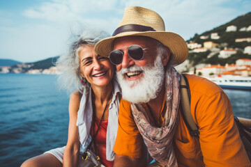 Travel, vacation, lifestyles, leisure and hobbies concept. Happy middle aged couple traveling together. Generative AI