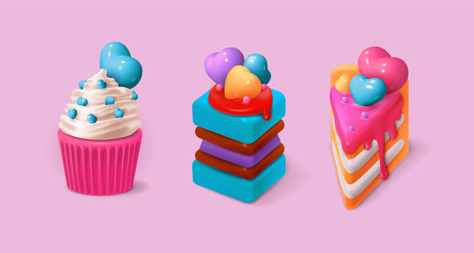 3d birthday cake. Cupcake glossy icon, valentine day sweet realistic dessert, confectionery for anniversary. Tasty sweet food. Bright colors decor. Vector isolated exact cartoon render set