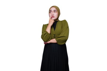 Asian hijab woman thinking about something and pensive
