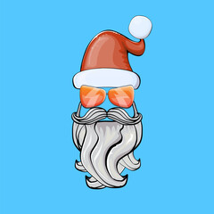 Vector cool hipster Santa Claus with santa red hat and sunglasses isolated on blue background. Merry Christmas label and print with biker santa head icon, beard and moustache.