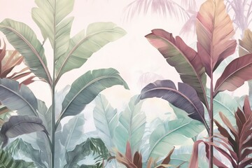 Tropical trees wallpaper design, banana leaf, landscape, pastel tones, mural art, Generative AI - obrazy, fototapety, plakaty