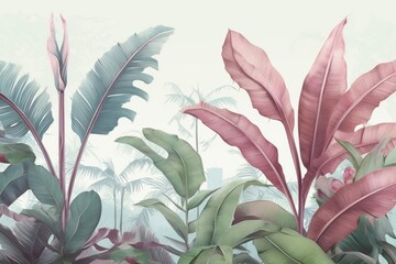 Tropical trees wallpaper design, banana leaf, landscape, pastel tones, mural art, Generative AI