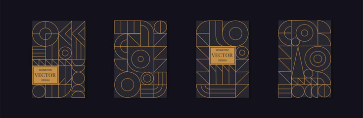 Art deco patterns. Geometric shapes and lines, abstract luxury gold design, simple logo or invitation. Isolated on black background golden elements. Posters or banners. Vector tidy frame