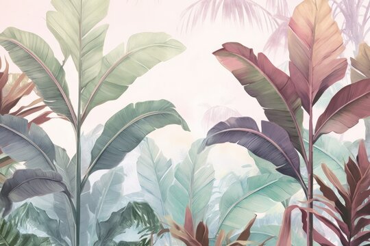 Fototapeta Tropical trees wallpaper design, banana leaf, landscape, pastel tones, mural art, Generative AI