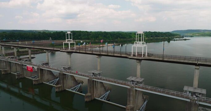Peaceful Landscape Of Murray Bridge, The Big Dam Bridge In North Little Rock, Arkansas USA. Aerial Shot