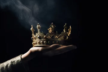 Foto op Plexiglas gold ceremony holding hold concept hand gothic game woman's gold female crown period mysteriousand background background magical crown Medieval inspiration black inspir hand image coronation honour © sandra