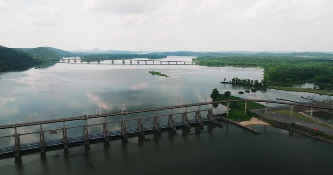 Big Dam Bridge And Pedestrian Longest Bridge In Cook's Landing Park, North Little Rock, Arkansas USA. Aerial Shot