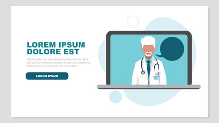 A doctor looks at us directly, he wears a stethoscope around his neck on a laptop screen