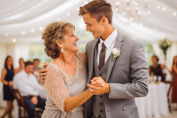 Mother dancing with son at wedding. Happy excited smile for wedding, happiness and marriage. Generative AI