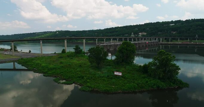 Peaceful River Under Big Dam Bridge Near Cook's Landing Park In North Little Rock, Arkansas, USA.