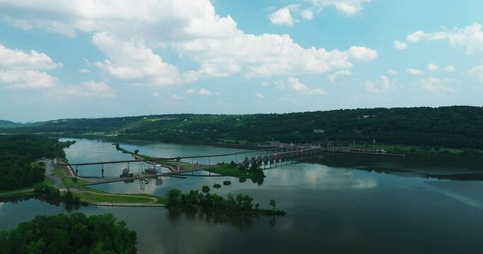 Panoramic View With Big Dam Bridge And North Little Rock Hydro Plant In North Little Rock, Arkansas, USA. Aerial Shot
