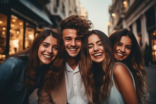 Lifestyle and friendship concept. Multi ethnic guys and girls spending time together. Happy life style friendship concept. Young multicultural people having fun time together in city. Generative AI